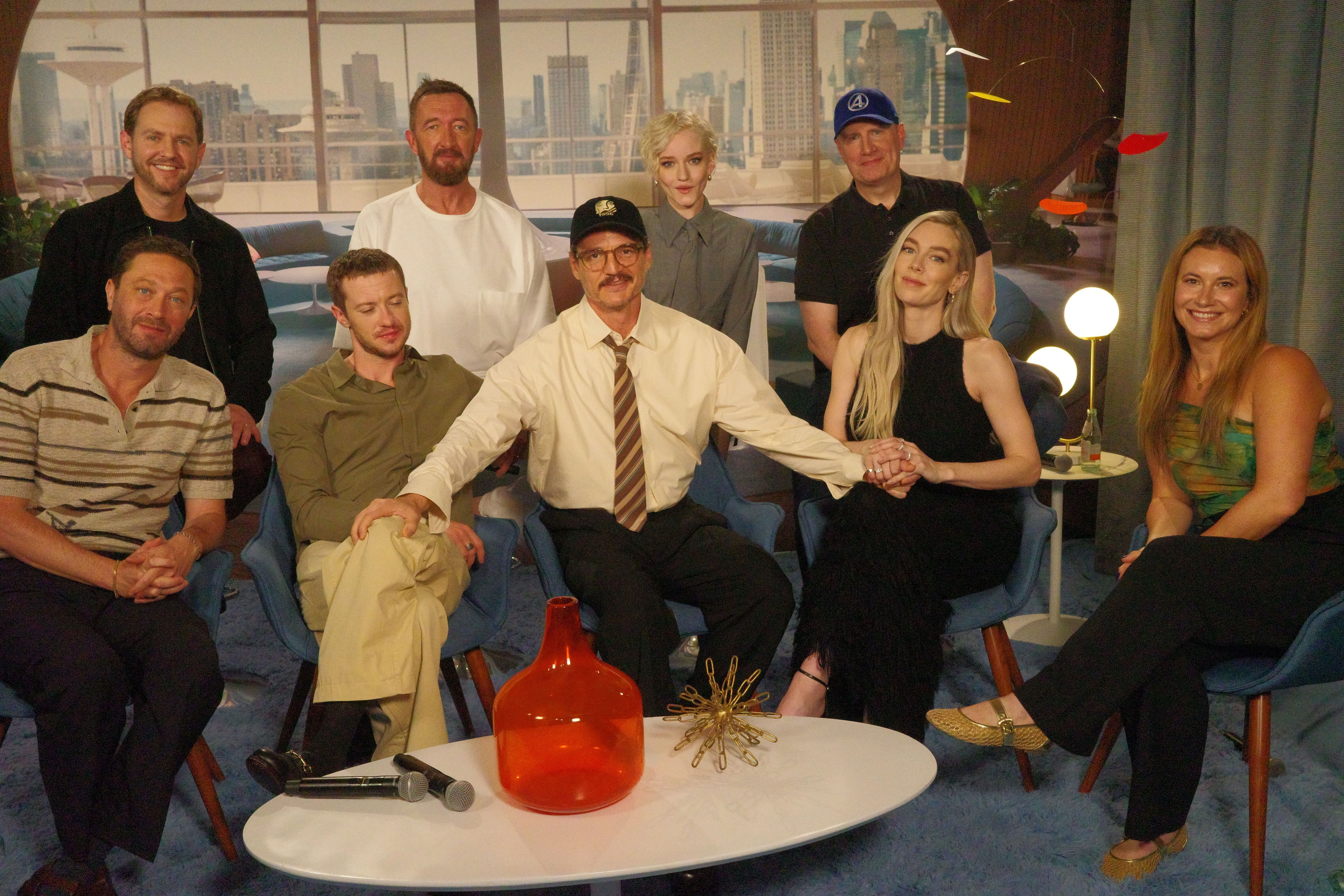 Ash Crossan with the cast of The Fantastic Four: First Steps including Kevin Feige, director Matt Shakman, Pedro Pascal (“Reed Richards”), Vanessa Kirby (“Sue Storm”), Joseph Quinn (“Johnny Storm”), Ebon Moss-Bachrach (“Ben Grimm”), Julia Garner (“Silver Surfer”), and Ralph Ineson (“Galactus”).