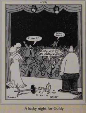 Far Side, December 5, 1985, a goldfish's bowl breaks on stage during a performance