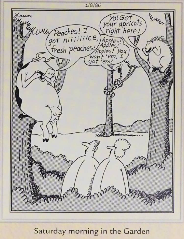 Far Side, February 8, 1986, animals hocking fruit in the Garden of Eden