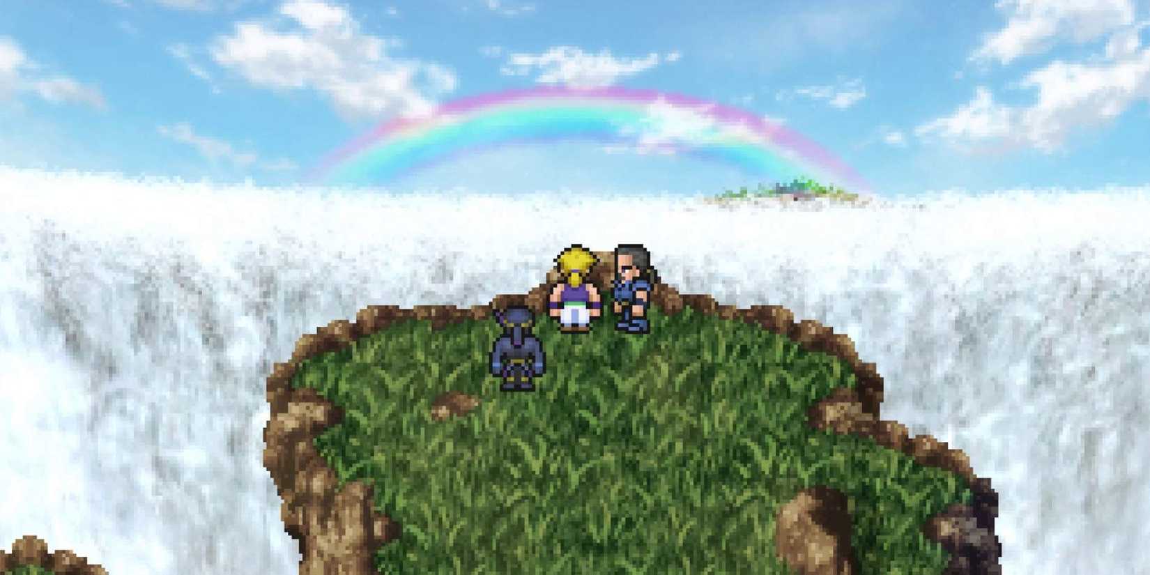 Final Fantasy 6's Shadow, Sabin, and Cyan are gathered near a waterfall under a rainbow.