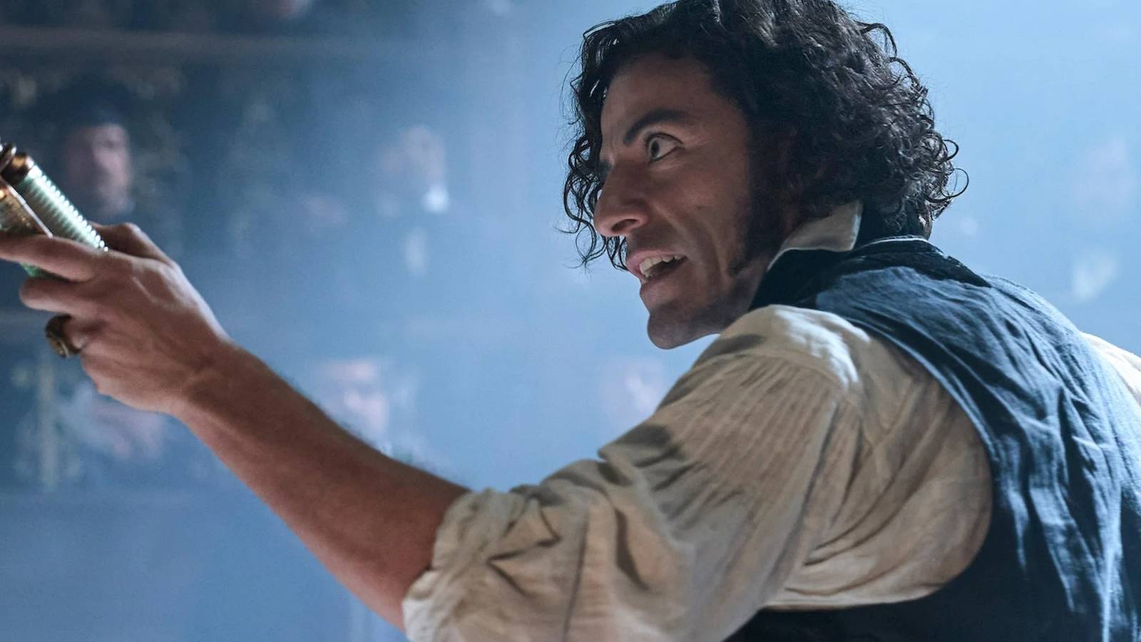 Oscar Isaac speaking to a crowd in Guillermo del Toro's Frankenstein