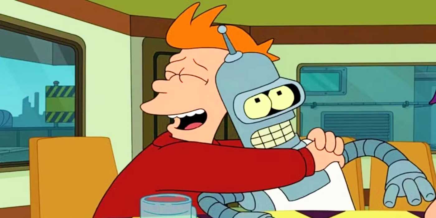 Fry hugging Bender in Futurama