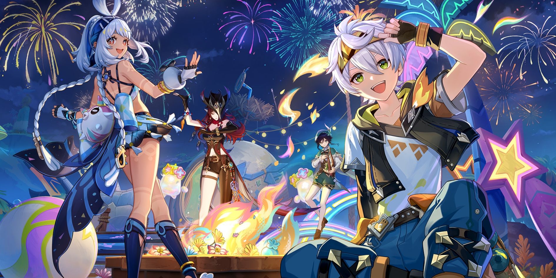 Genshin Impact's Mualani, Chasca, Venti, Bennett celebrate with fireworks in the distance.