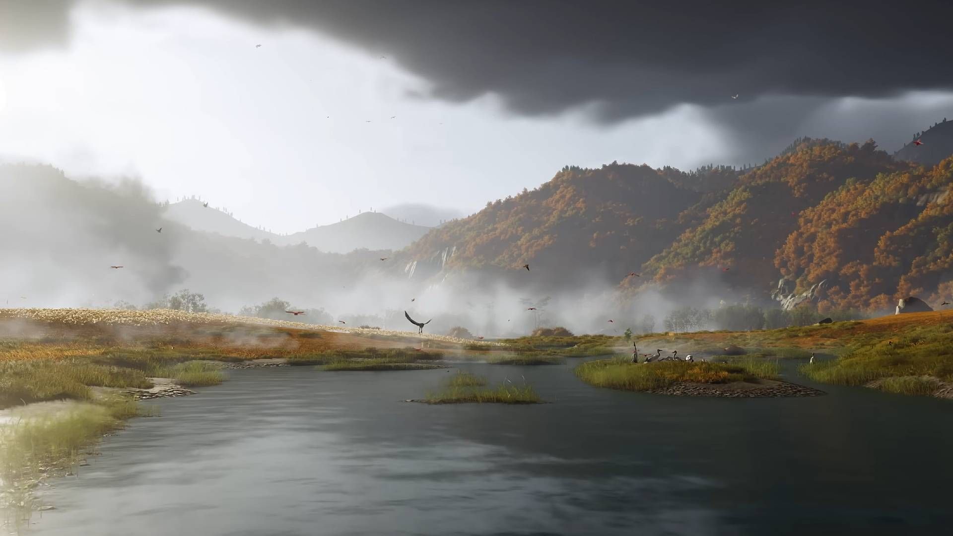A large lake with birds flying over it in Ghost of Yotei.