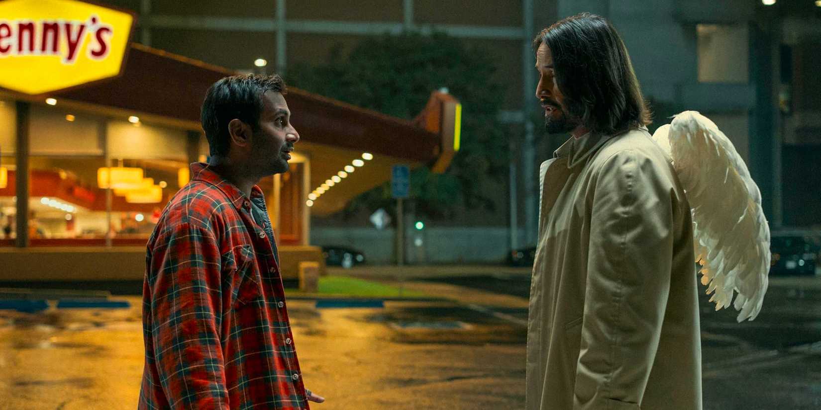 Arj (Aziz Ansari) and Gabriel (Keanu Reeves) talking in a parking lot in Good Fortune