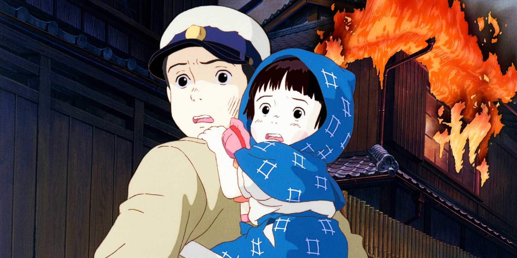 Seita tient Settsuko sur le dos alors qu'un bâtiment prend feu derrière eux dans la tombe des lucioles