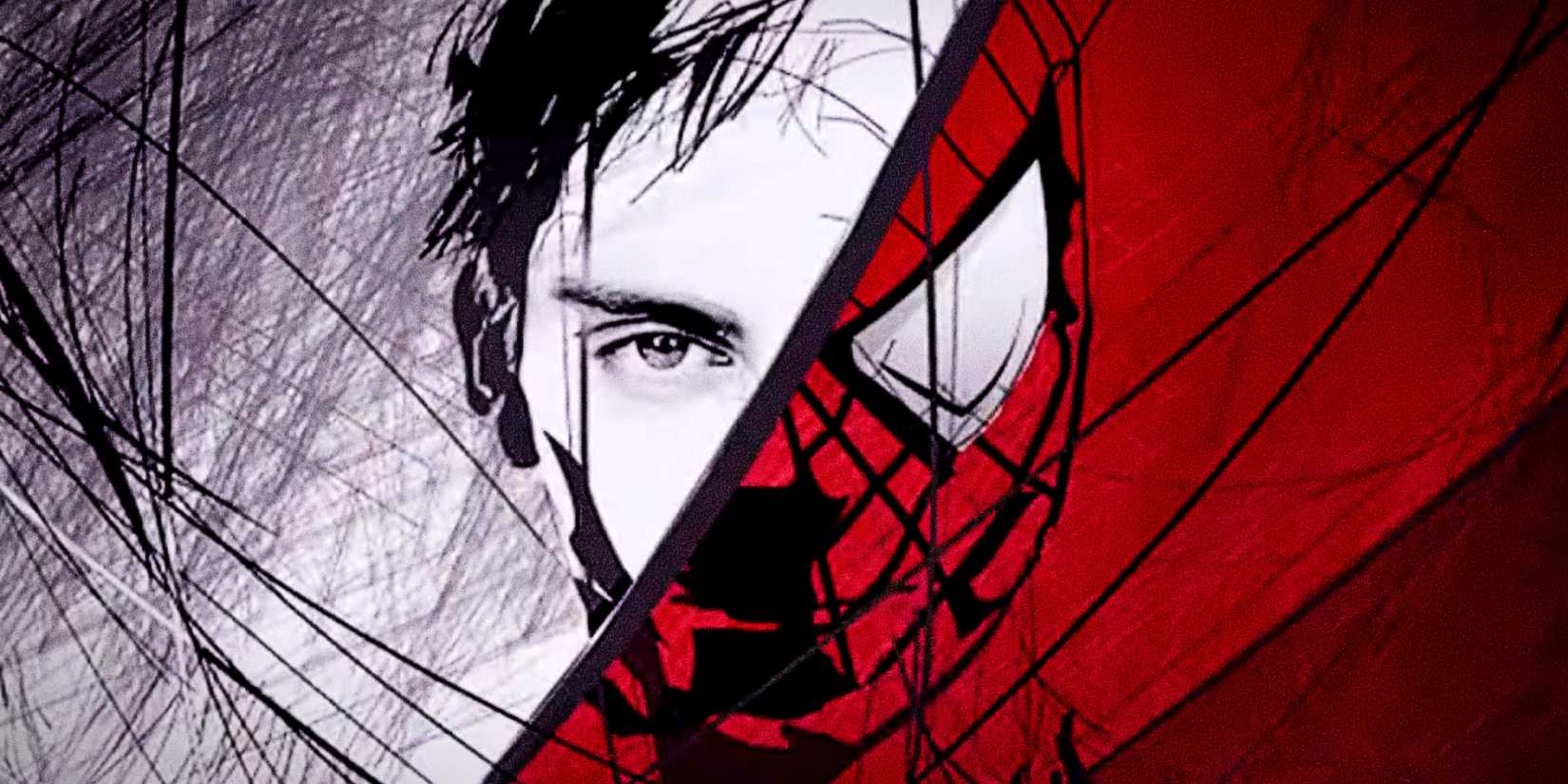 Half of Tobey Maguire's Peter Parker face covered by his mask in Sam Raimi's Spider-Man