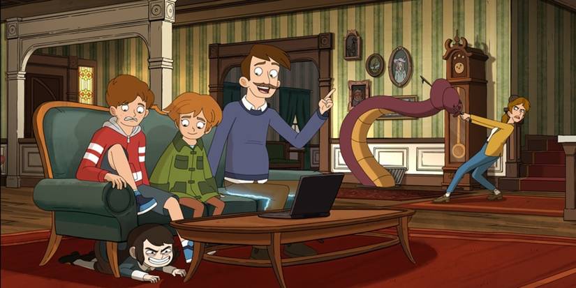 A family sitting on a couch while a woman fights a creature in the background - Haunted Hotel