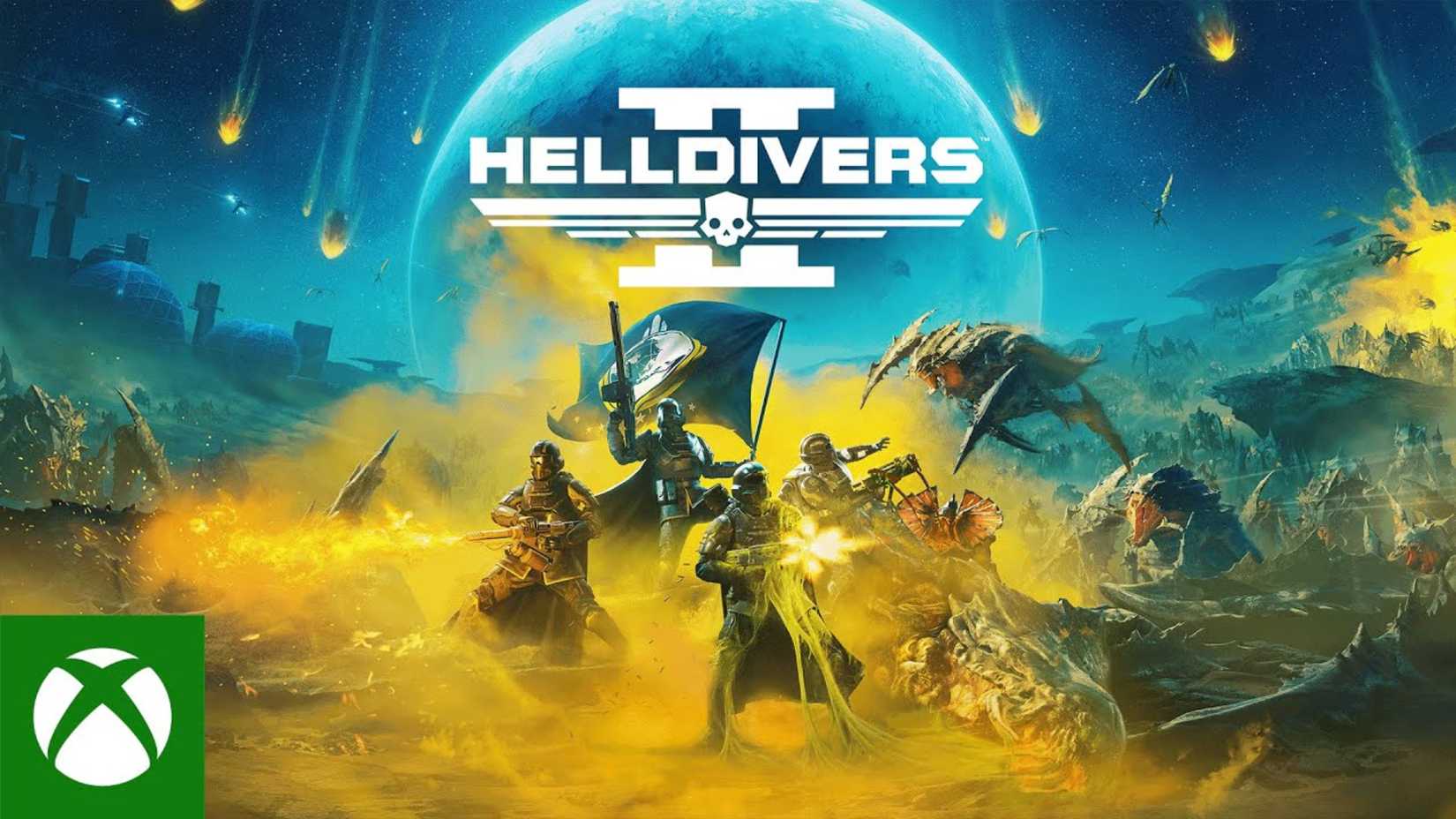 The thumbnail for the Helldivers 2 Xbox reveal trailer featuring the Xbox logo and the Helldivers 2 key art.