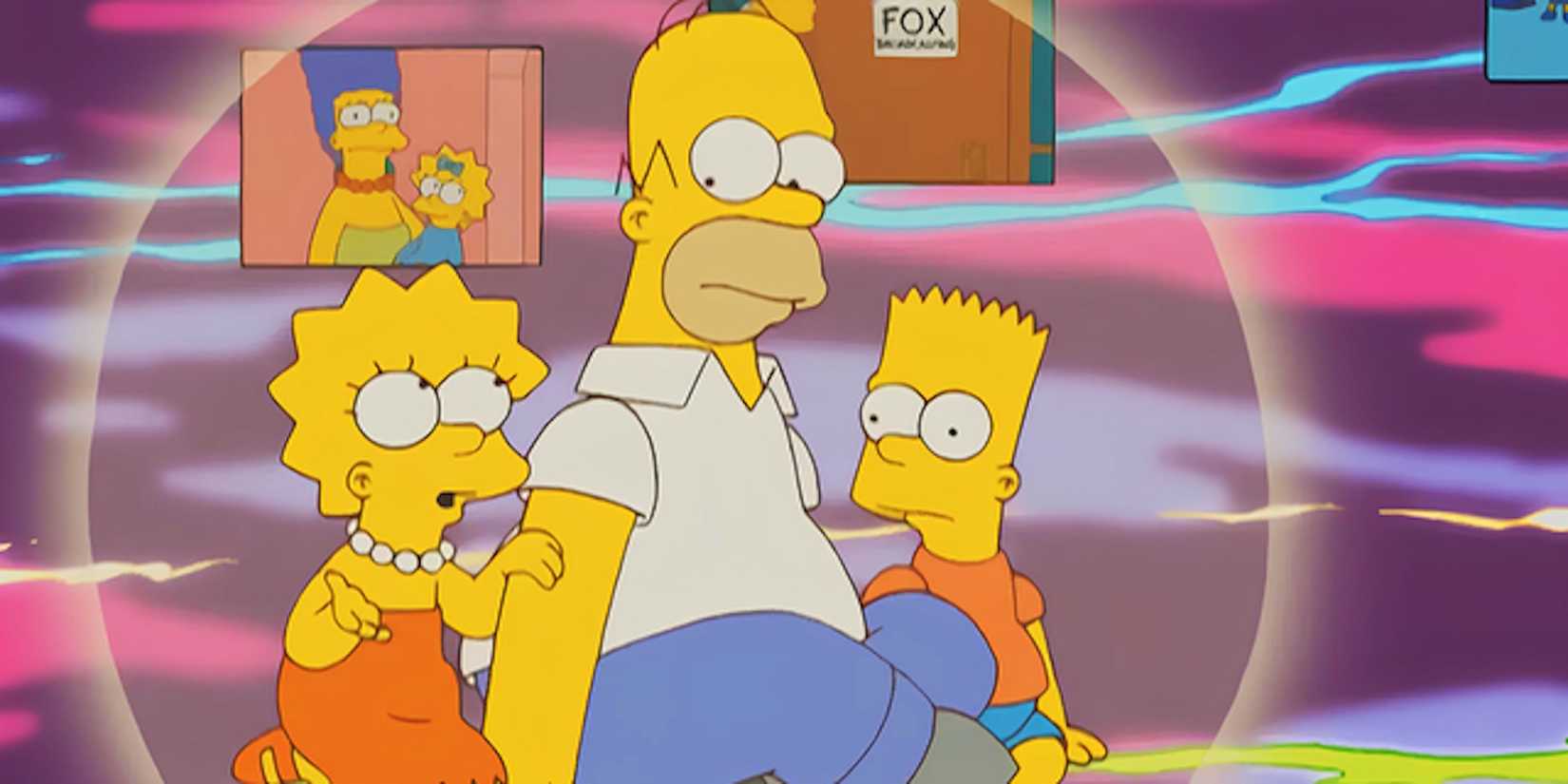 Homer, Marge, Lisa e Bart flutuam em um vazio em Os Simpsons