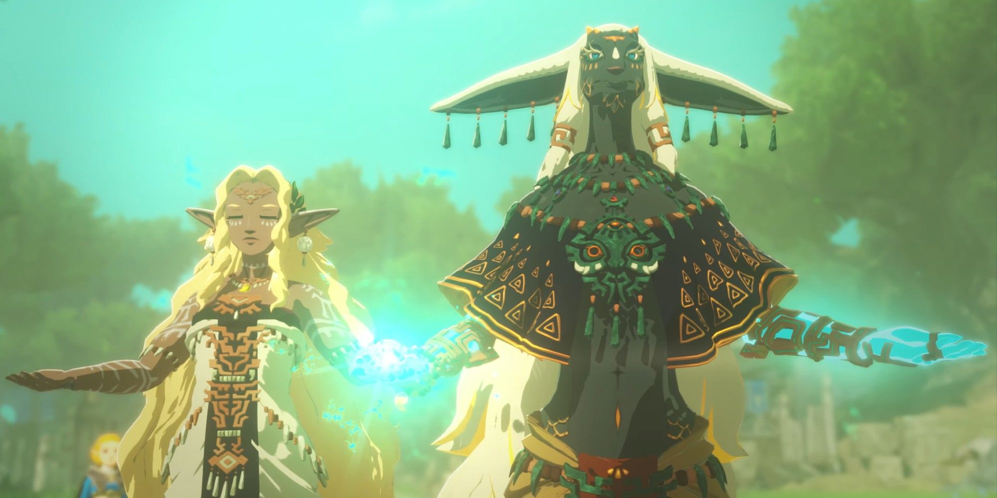Personaggi di Hyrule Warriors: Age of Imprisonment che tengono le mani su uno sfondo blu
