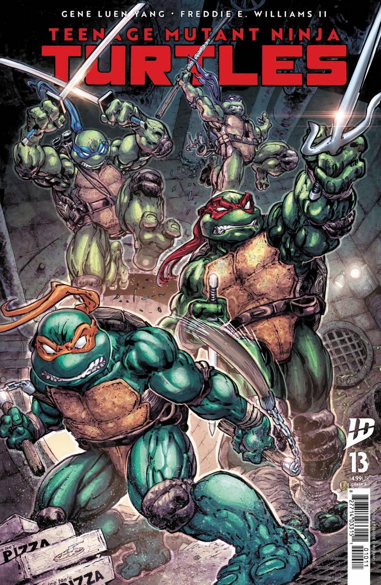 TMNT 13 cover with the turtles leaping into action in a sewer