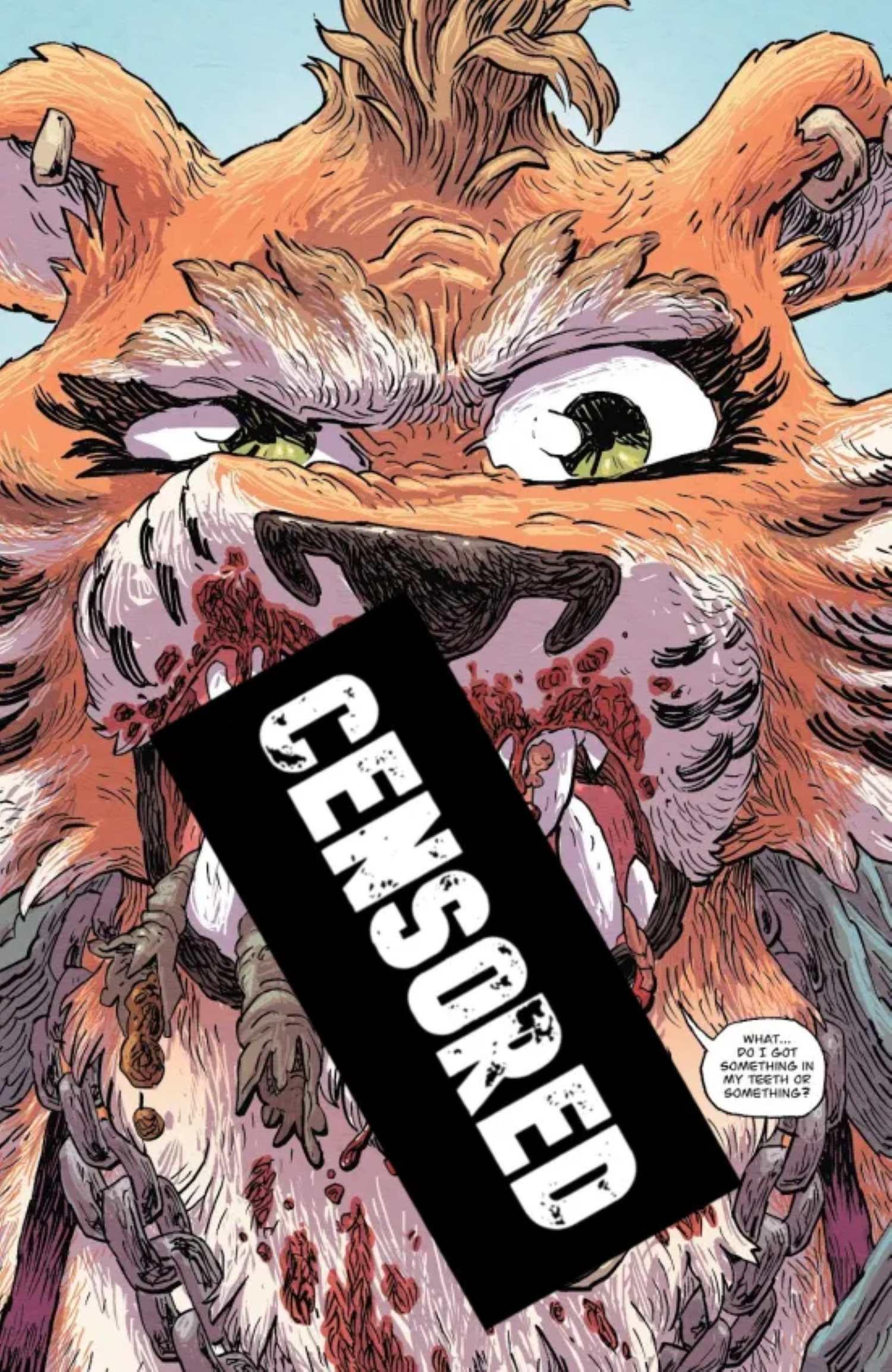 A cartoon tiger asking if she has something in her teeth with a censored bar covering the gore in The Walking Dead.