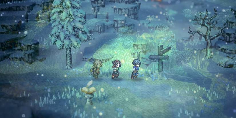 Octopath Traveler 0 custom protagonist walking through snow with party characters Stia and Phenn.