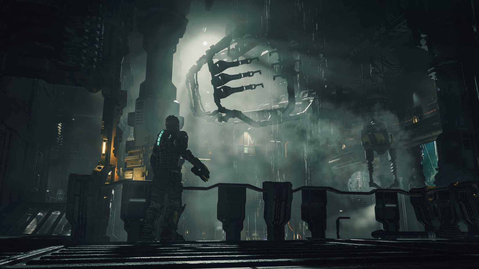Isaac standing on a platform looking up at a section of the ship in Dead Space 2023