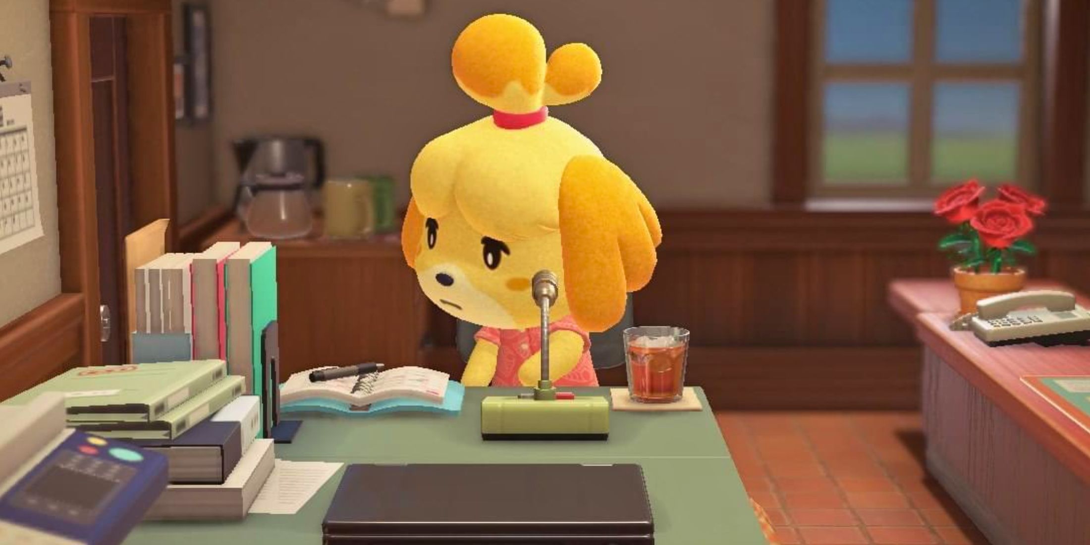 Isabelle looking disappointed at her desk in Animal Crossing New Horizons
