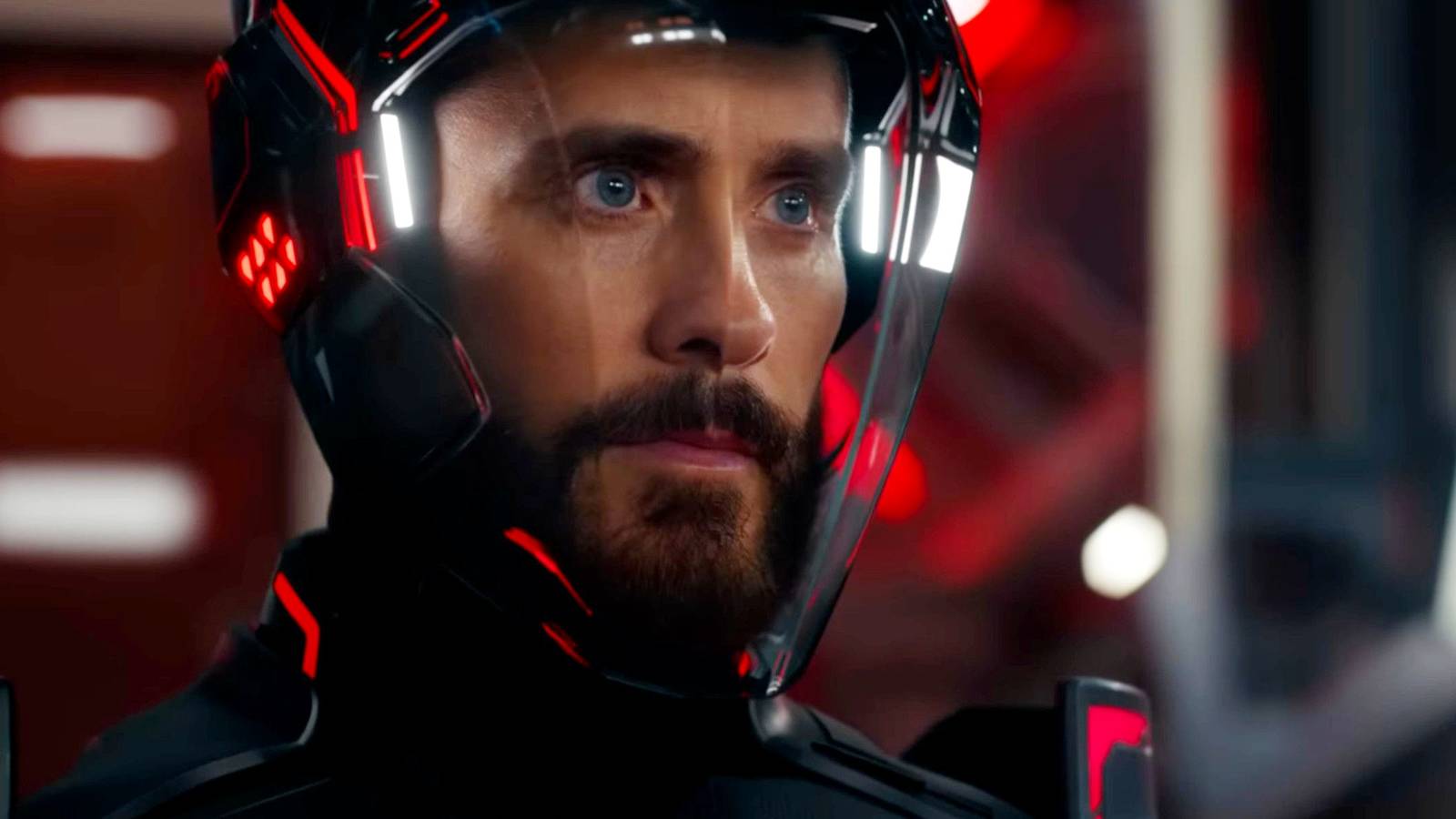 Jared Leto in Tron Ares in a futuristic suit with his face showing