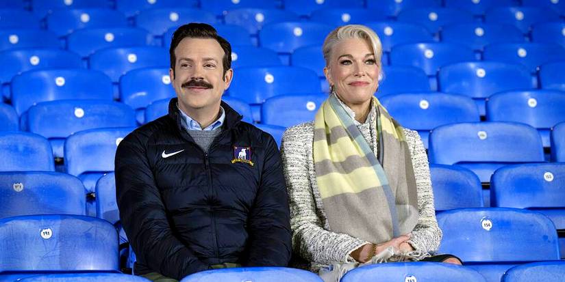 Jason Sudeikis as Ted and Hannah Waddingham as Rebecca in Ted Lasso