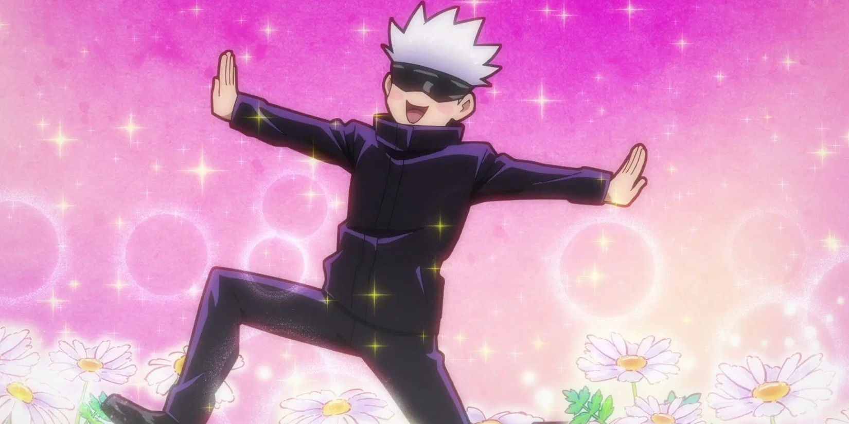 Jujutsu Kaisen - Gojo trông vui vẻ trong hình dạng chibi giữa cánh đồng hoa màu hồng trắng lấp lánh