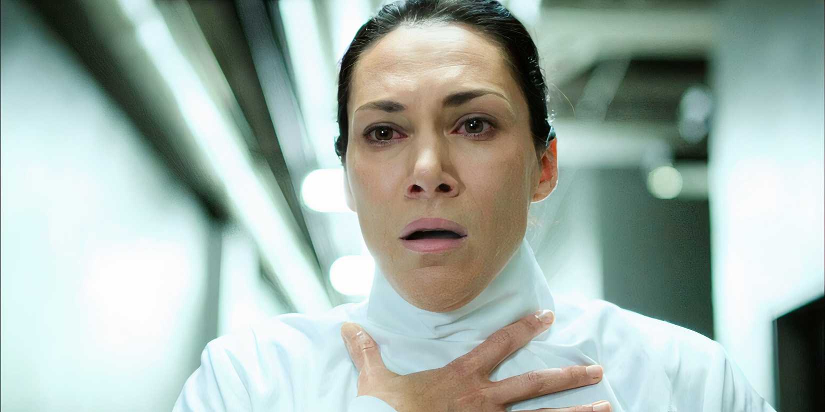 Julia Walker looking shocked in the TV show Helix