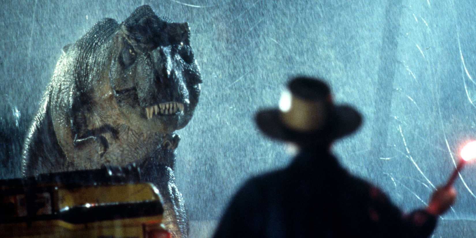 Jurassic Park com Dr. Grant enfrentando um T-Rex