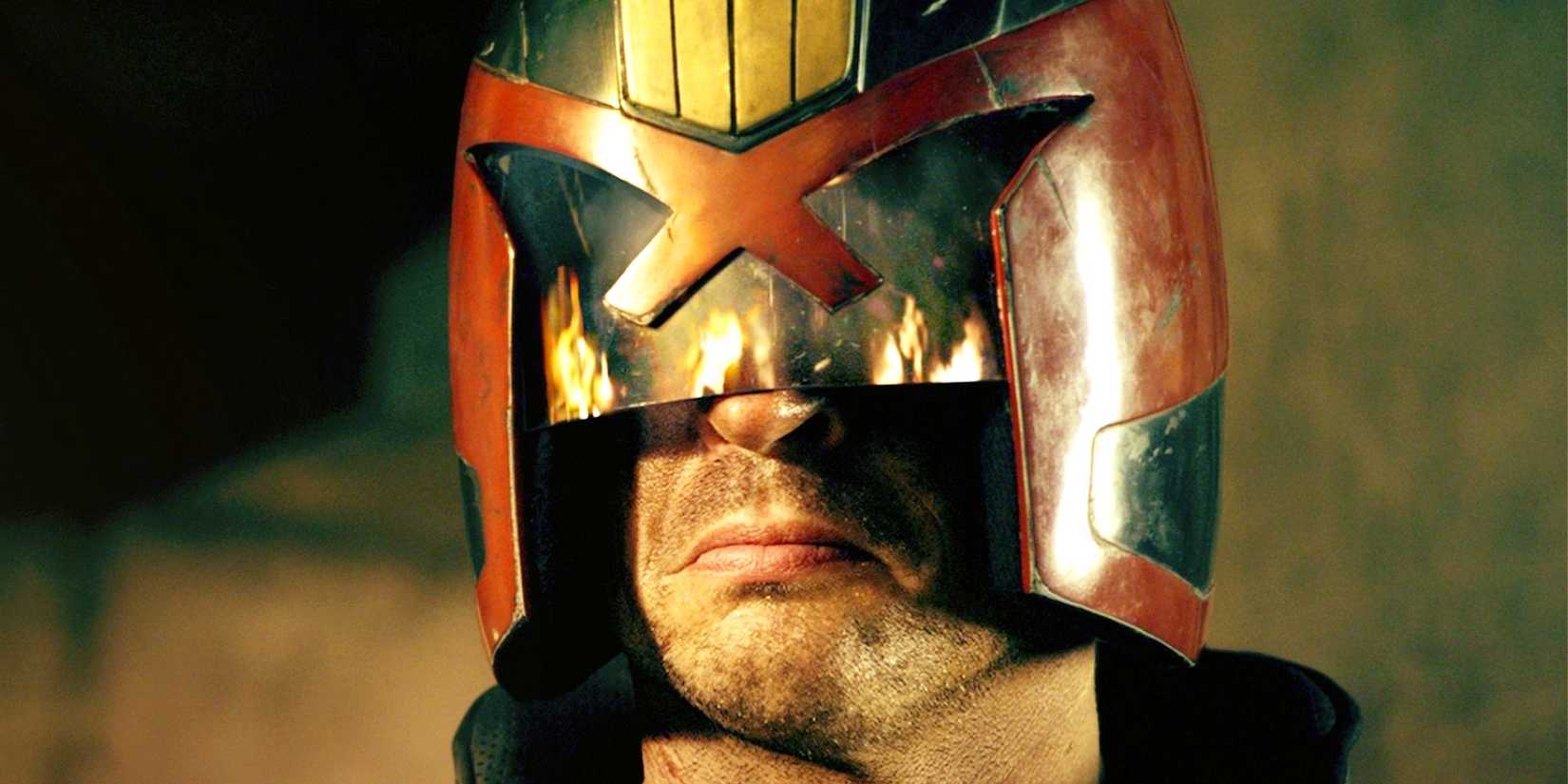 A close-up of Karl Urban in Dredd wearing his helmet