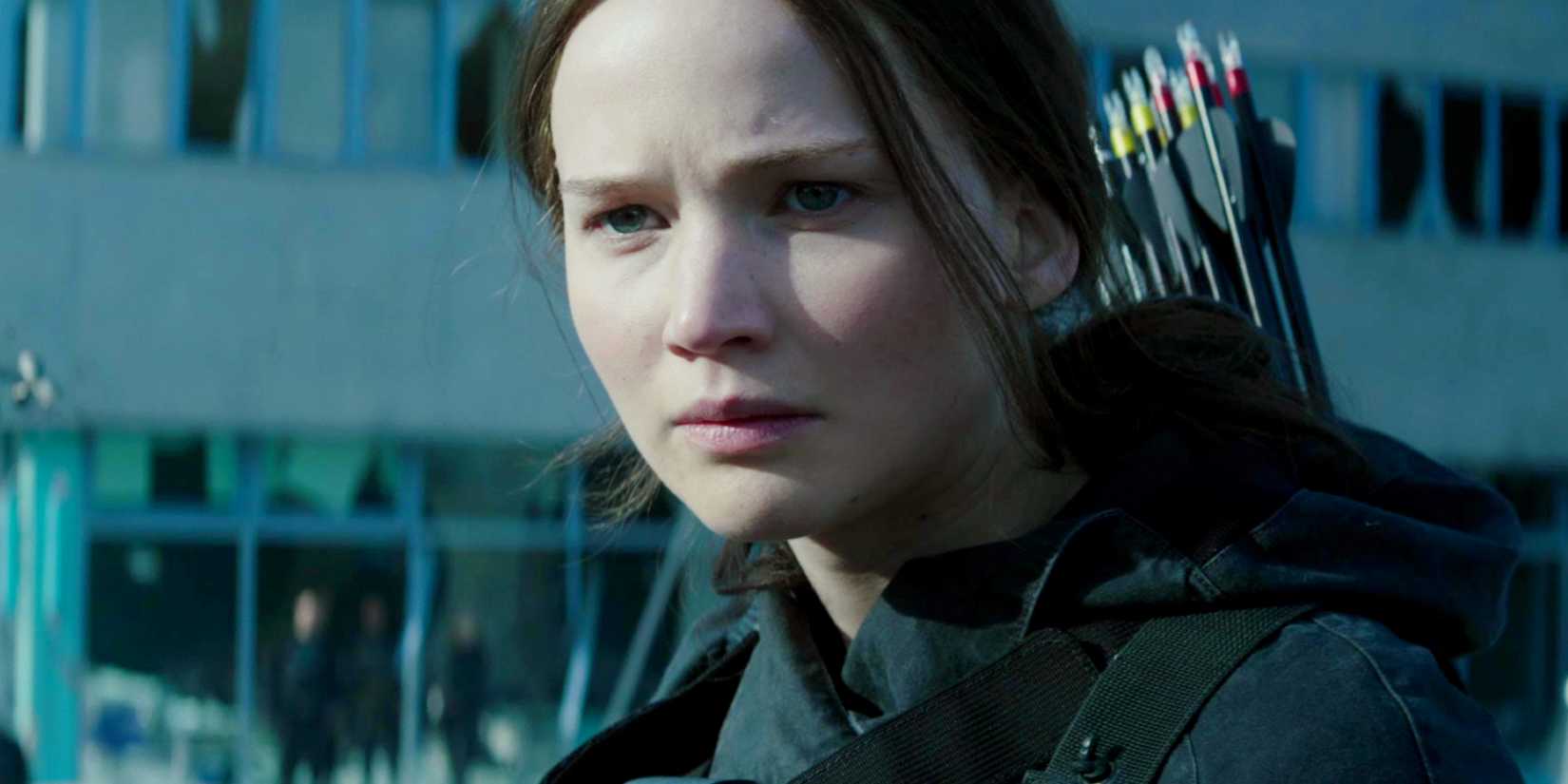 Close-up of Jennifer Lawrence looking serious as Katniss in The Hunger Games Mockingjay - Part 2