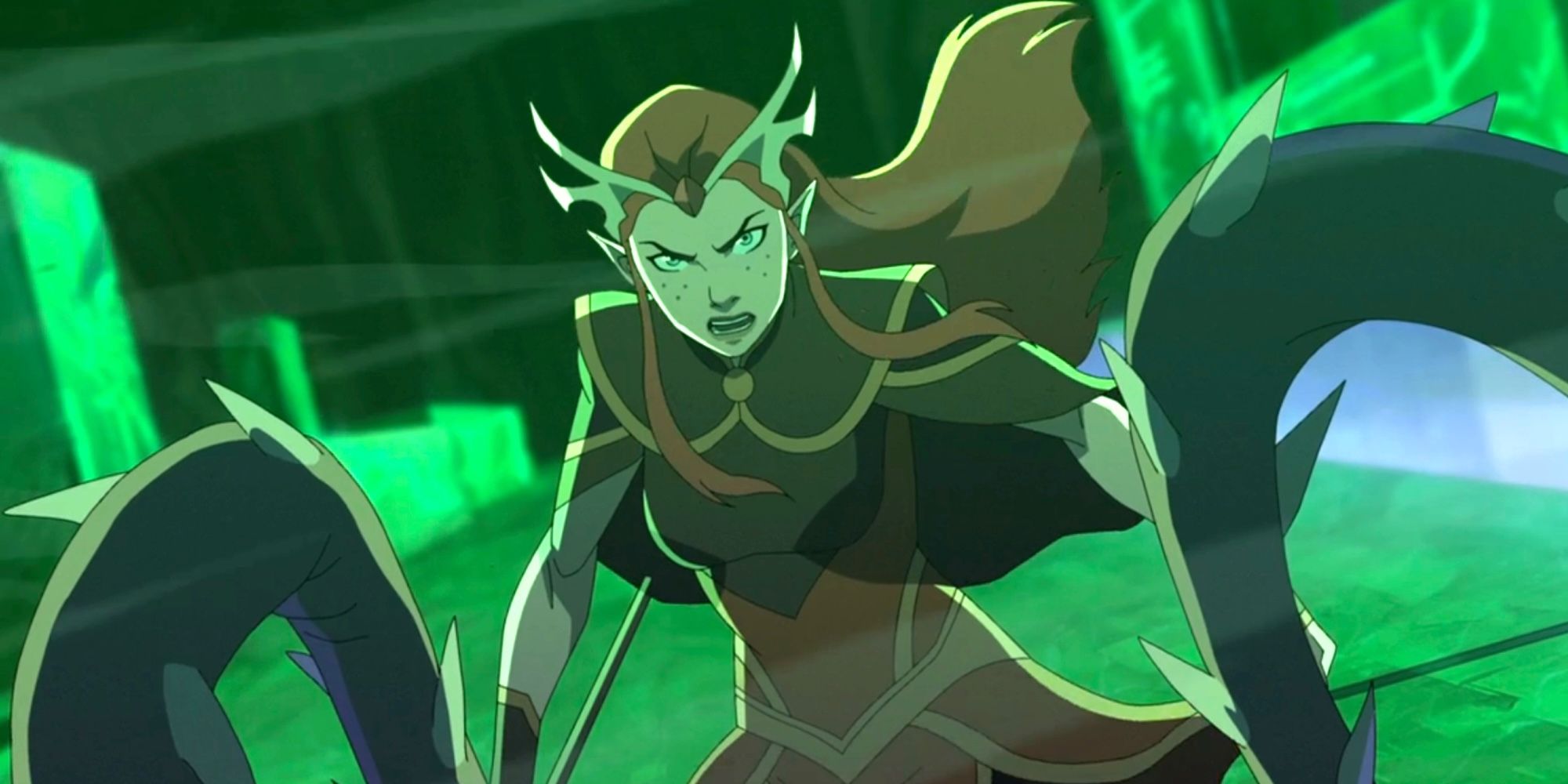 Keyleth dall’aspetto serio nella terza stagione de La Leggenda di Vox Machina.