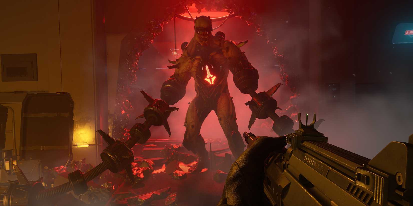 Killing Floor 3 player facing a monster breaking through the wall