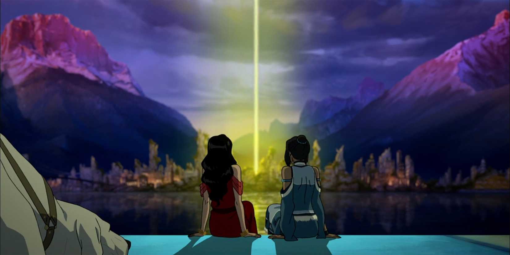 Korra e Asami observando a cidade da república