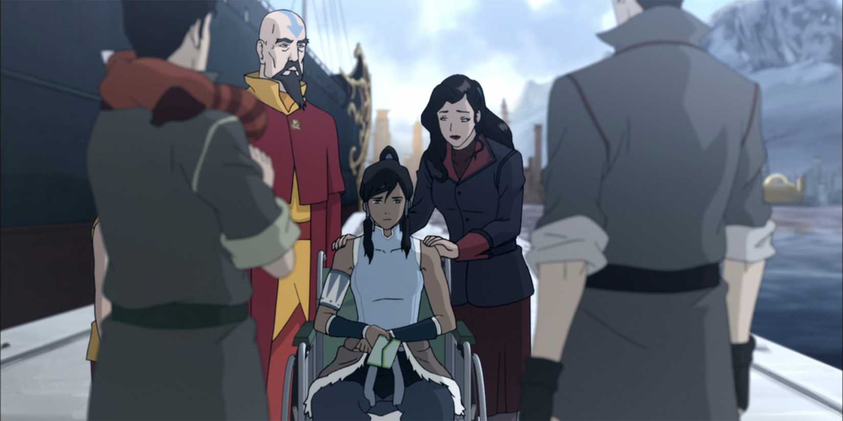 Korra looking dejected around her friends and family