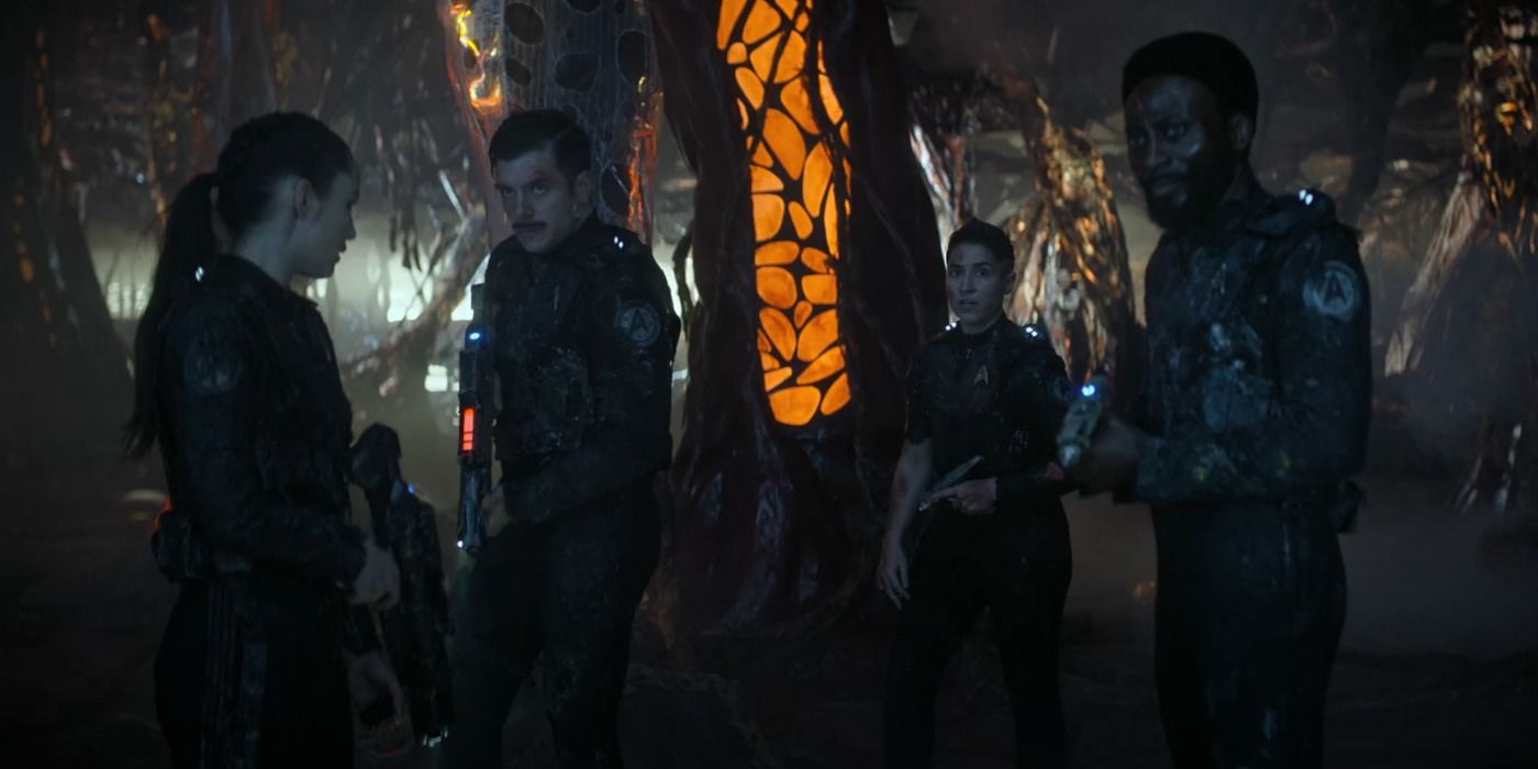 La'an, Sam Kirk, Ortegas, and M'Benga in the Gorn ship in Star Trek_ Strange New Worlds Hegemony Part II