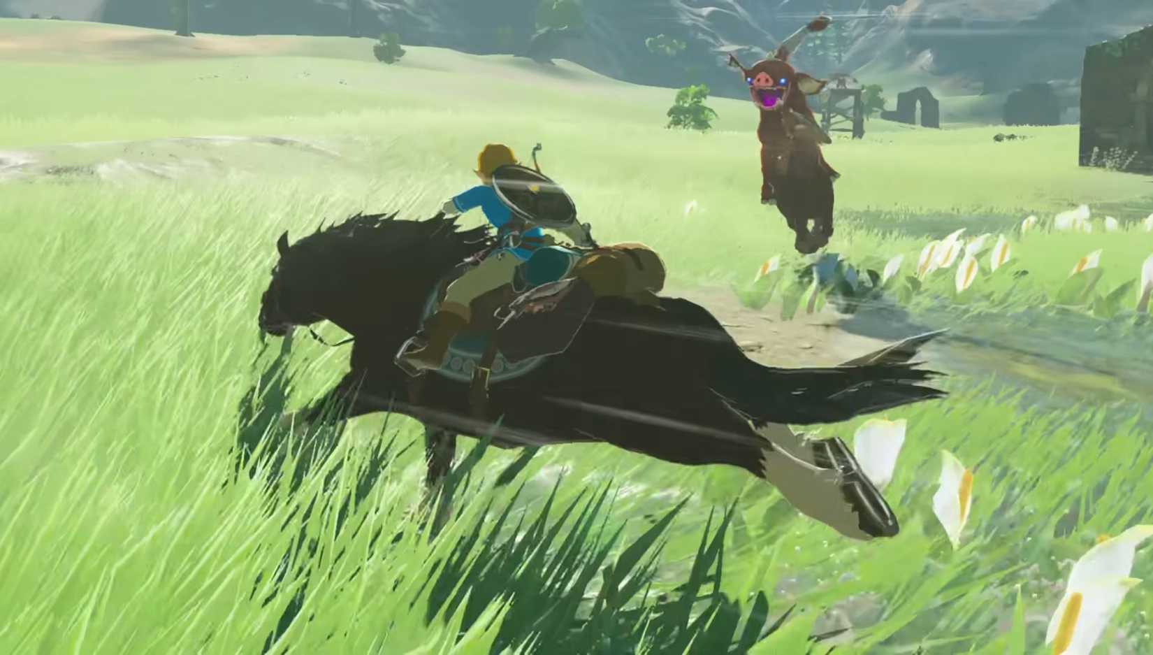 Link riding horseback while firing arrows at an enemy in The Legend of Zelda_ Breath of the wild
