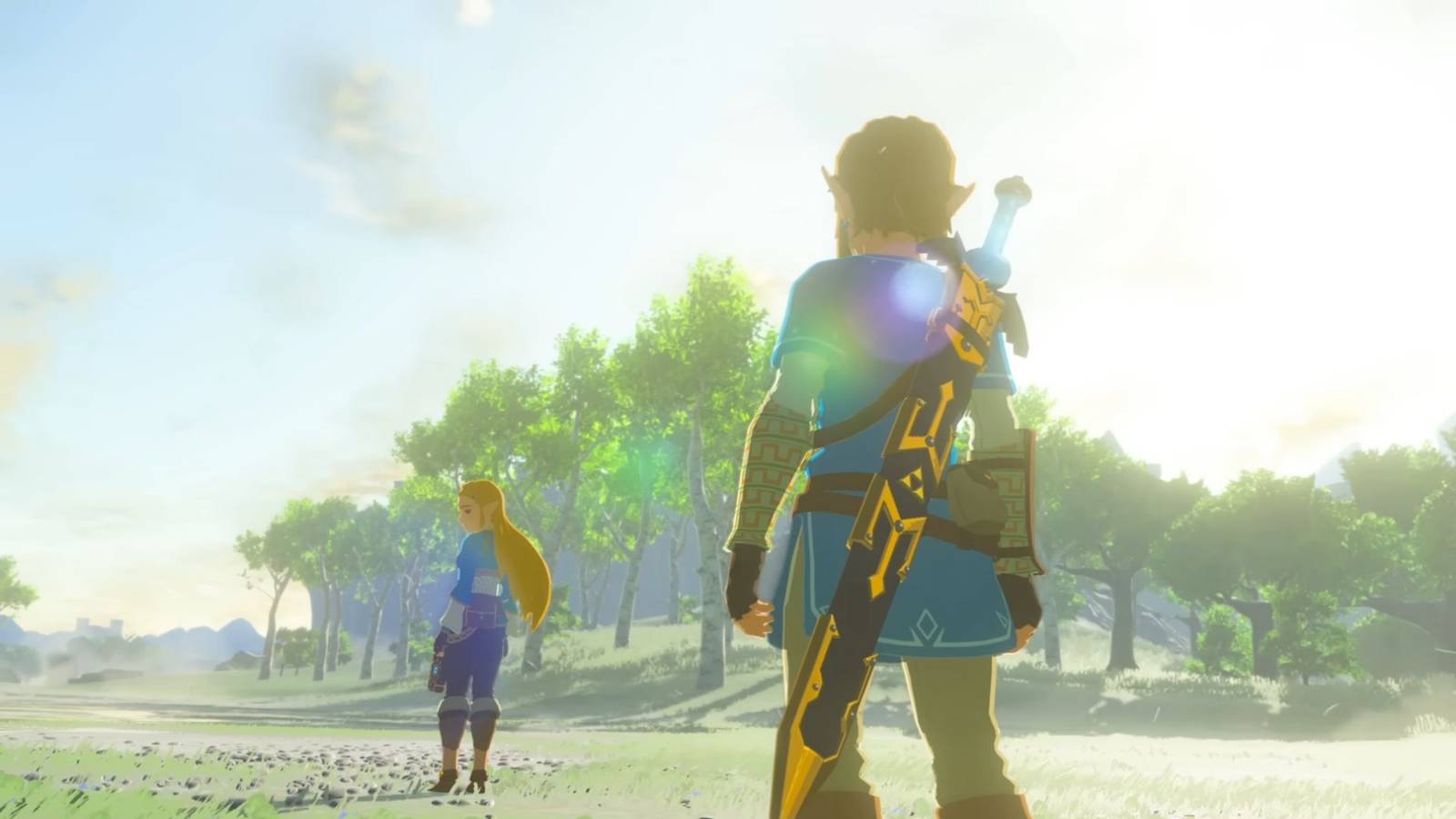Link standing behind Zelda who's looking over her shoulder at him in The Legend of Zelda_ Breath of the wild