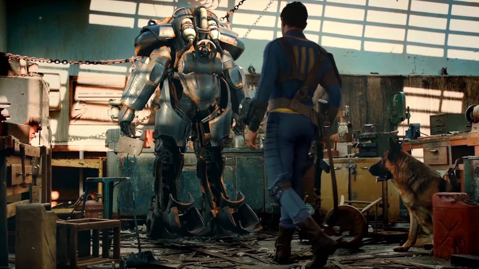 Live action Sole Survivor approaches a set of Power Armor from Fallout 4 The Wanderer Trailer