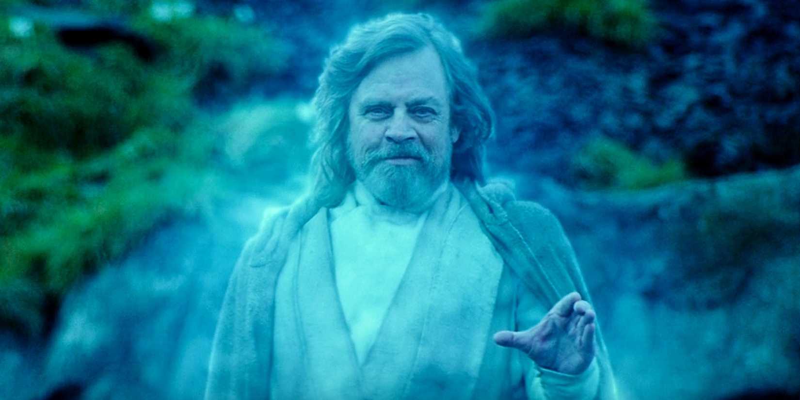 Luke Skywalker raising his hand as a Force Ghost in The Rise of Skywalker