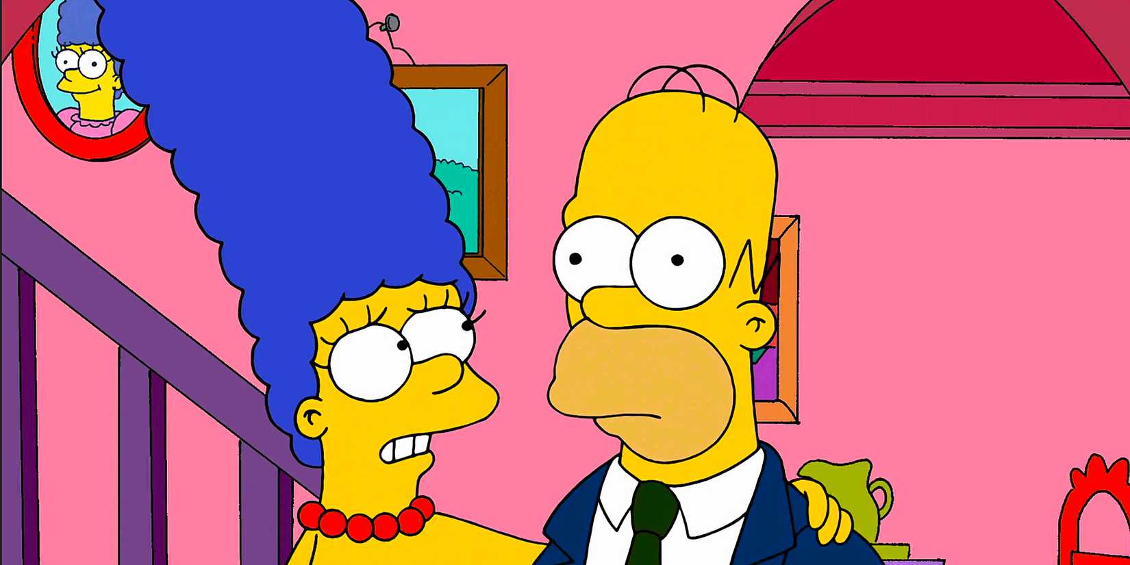 Marge looks concerned as a well dressed Homer looks stunned from The Simpsons