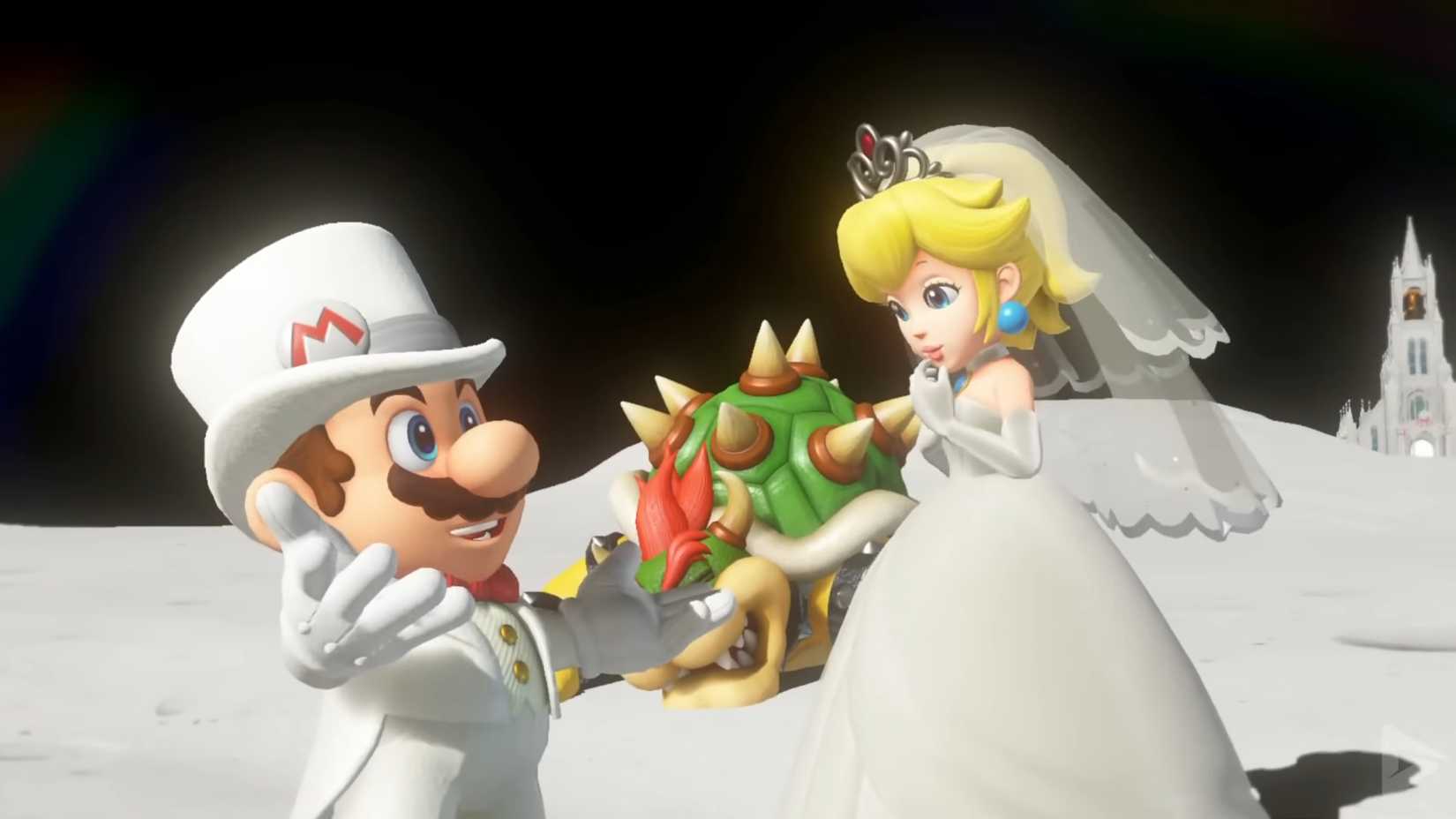 Mario Peach and Bowser at the end of Super Mario Odyssey.