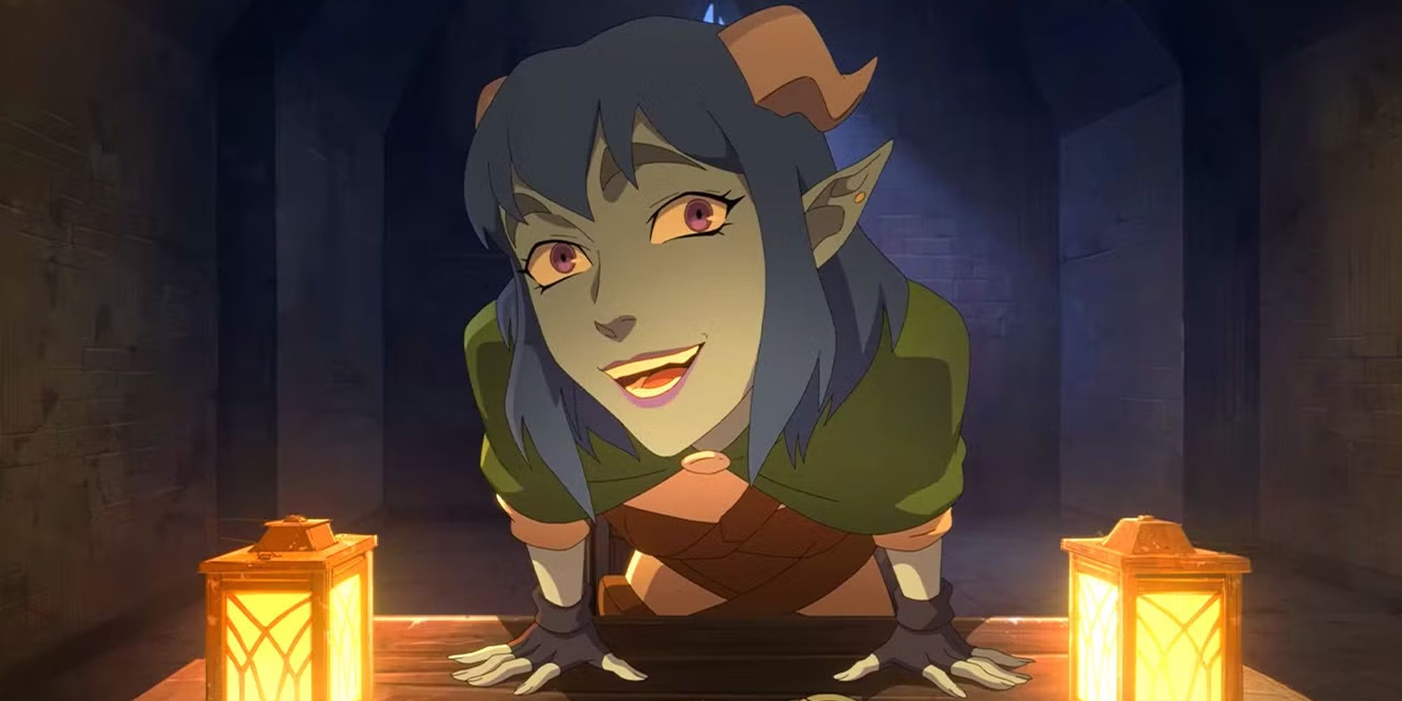 Personaggio della serie The Mighty Nein leaning su un tavolo sorridendo