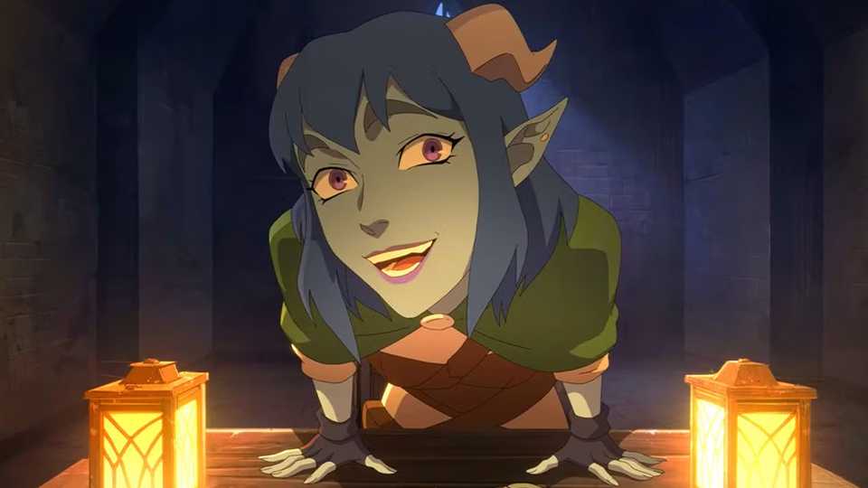 Personaggio della serie The Mighty Nein leaning su un tavolo sorridendo