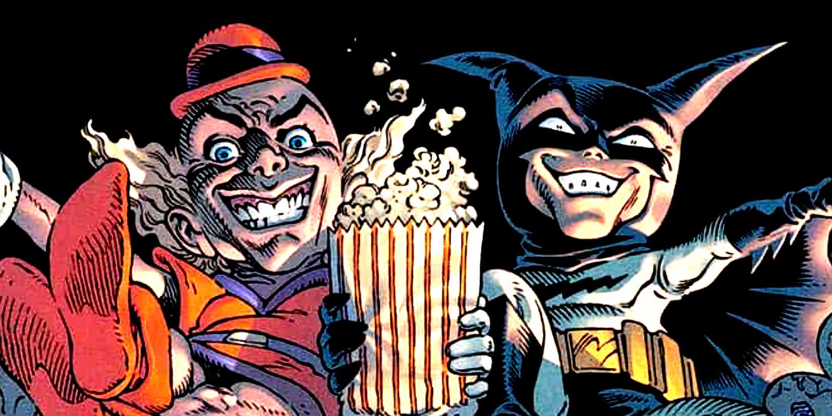 Mister Mxyzptlk and Bat-Mite eat popcorn while watching Superman and Batman fight