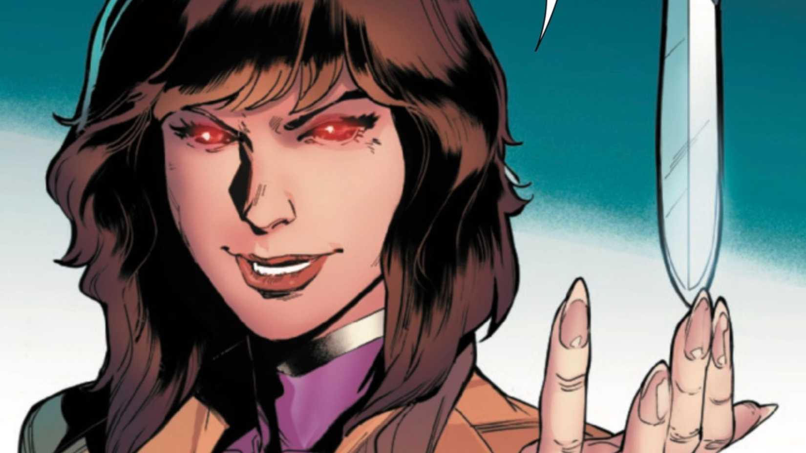 Moira Mactaggart of X-Men balances a knife on her fingertips.
