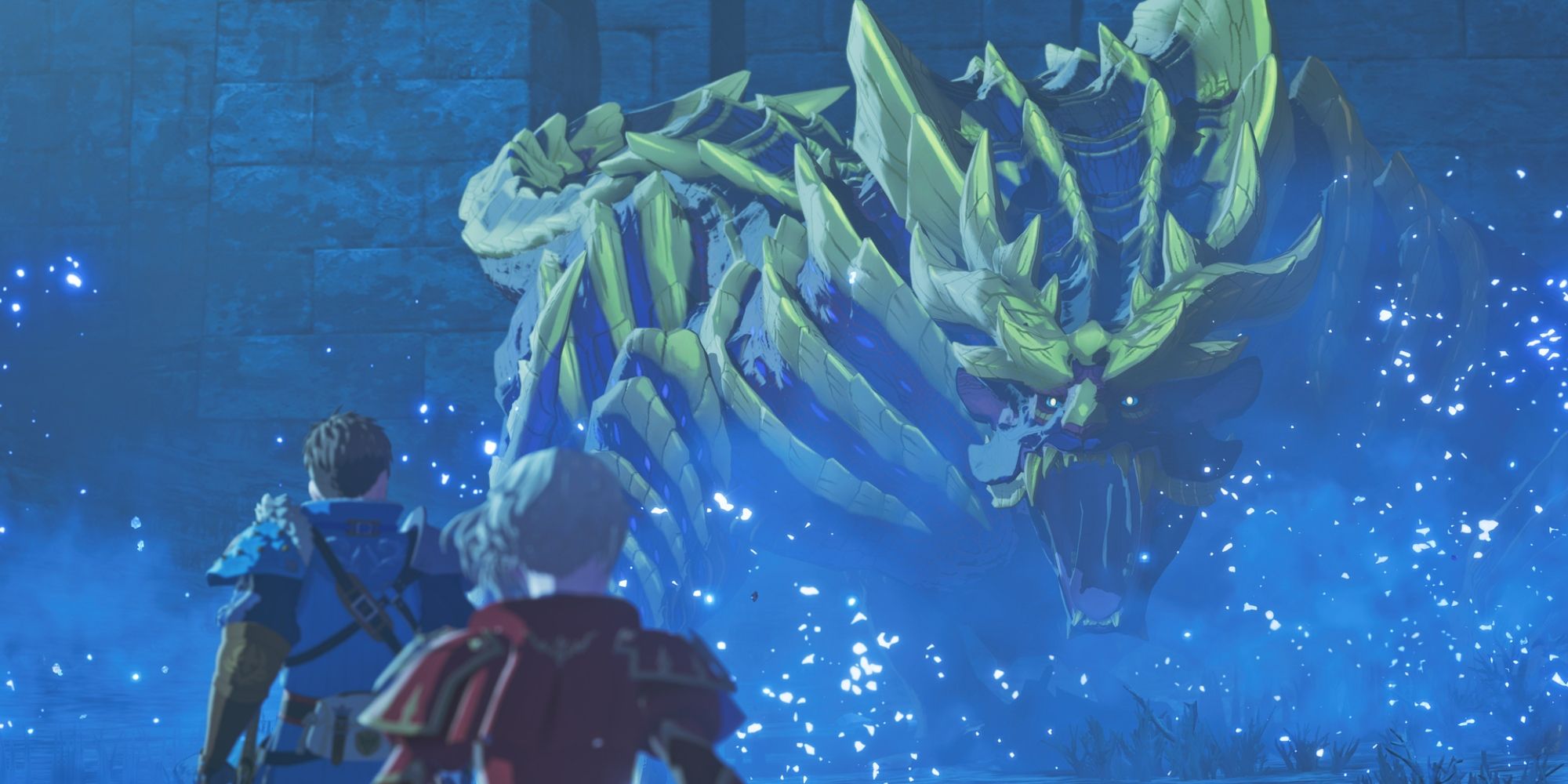 Magnamalo roars at two Monster Riders in Monster Hunter Stories 3 Twisted Reflection.