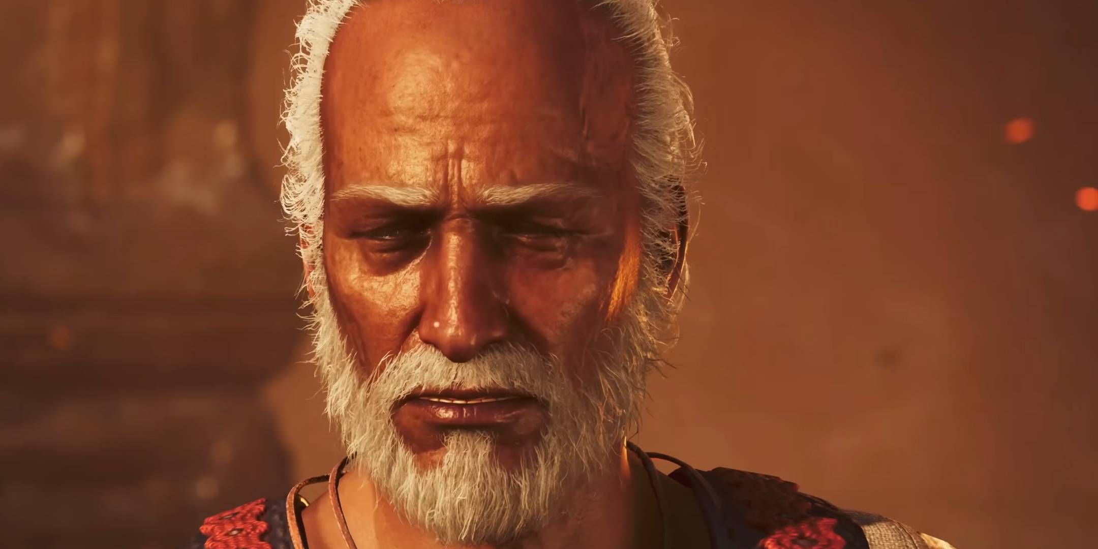 An old man in Monster Hunter Wilds looking sad.
