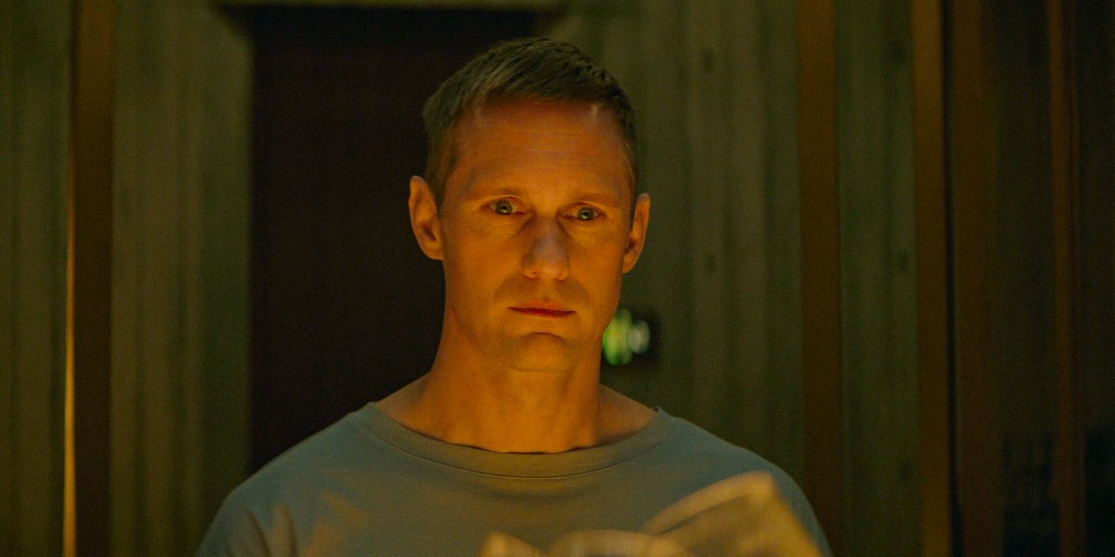 Alexander Skarsgård as Murderbot looking confused in Murderbot
