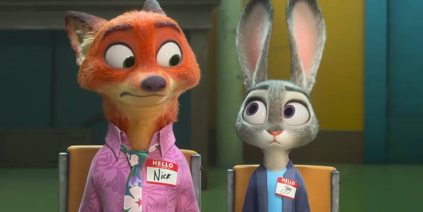 Nick and Judy looking nervously at one another in a group therapy session in Zootopia 2