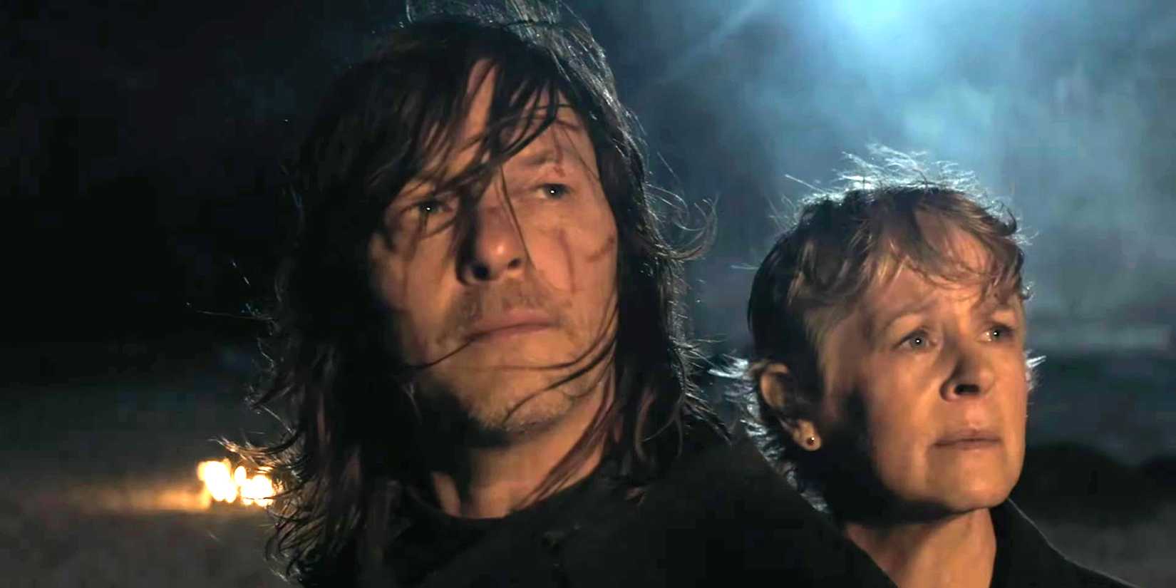 Norman Reedus as Daryl looking intense and Melissa McBride as Carol looking worried in The Walking Dead: Daryl Dixon season 3
