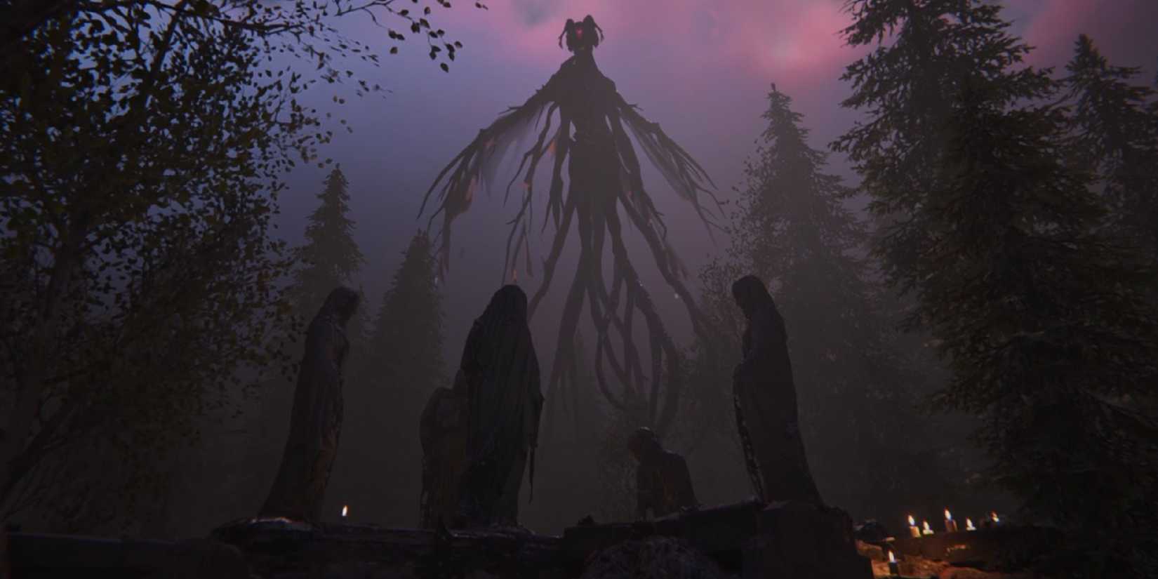 Once Human screenshot of hooded figures with candles and a creepy large enemy in a forest clearing