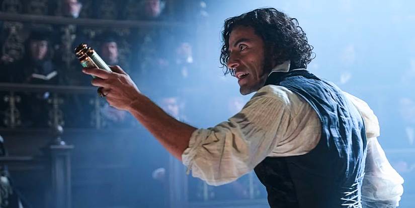 Oscar Isaac como Victor Frankenstein em uma palestra.