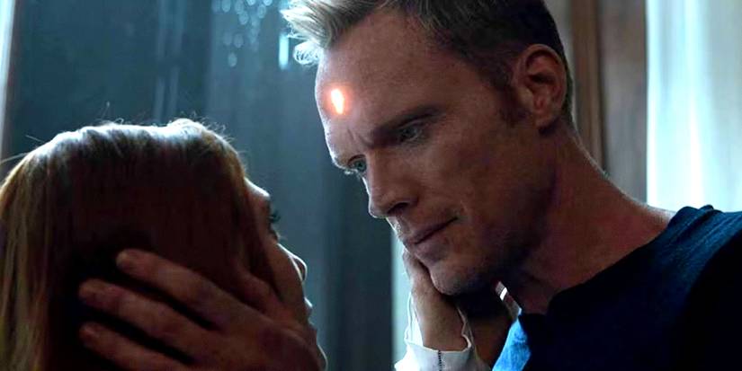 Paul Bettany's Vision in human form caresses Wanda Maximoff in Avengers Infinity War